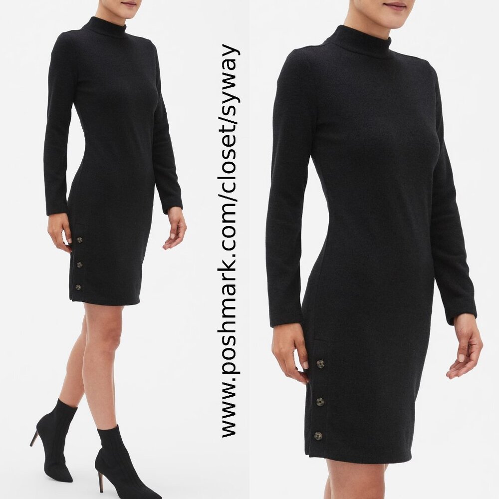 Banana Republic Mock Neck Stretch Sweater Dress Button Hem Slit